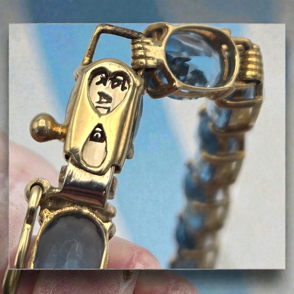 Vintage 14K Gold Blue Topaz Tennis Bracelet ADPC Signed 9.79g Solid Gold Estate - Picture 9 of 12